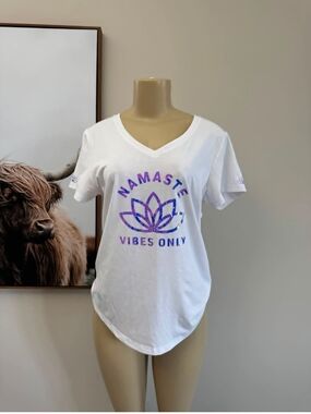 Women's White V-Neck Tee with Purple Lotus 'Namaste Vibes Only' Graphic